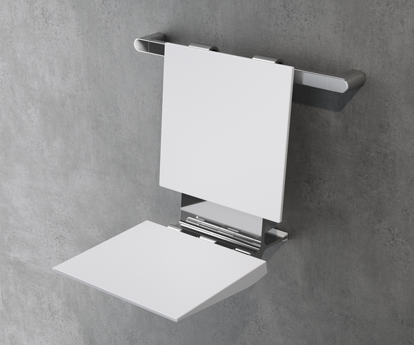 Weißer Duschklappsitz mit silbernen Elementen für mehr Sicherheit im Badezimmer