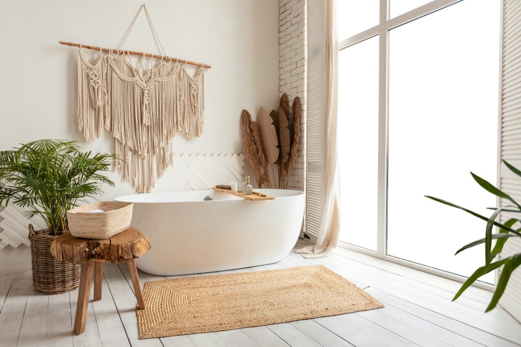 Cozy Empty Modern Bathroom Background With White Bathtub And Window