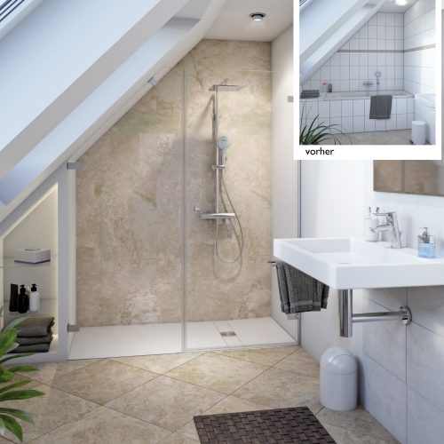Badezimmertransformation Wanne zur Dusche, modernes Badezimmer mit bodentiefer Dusche und Dachschräge
